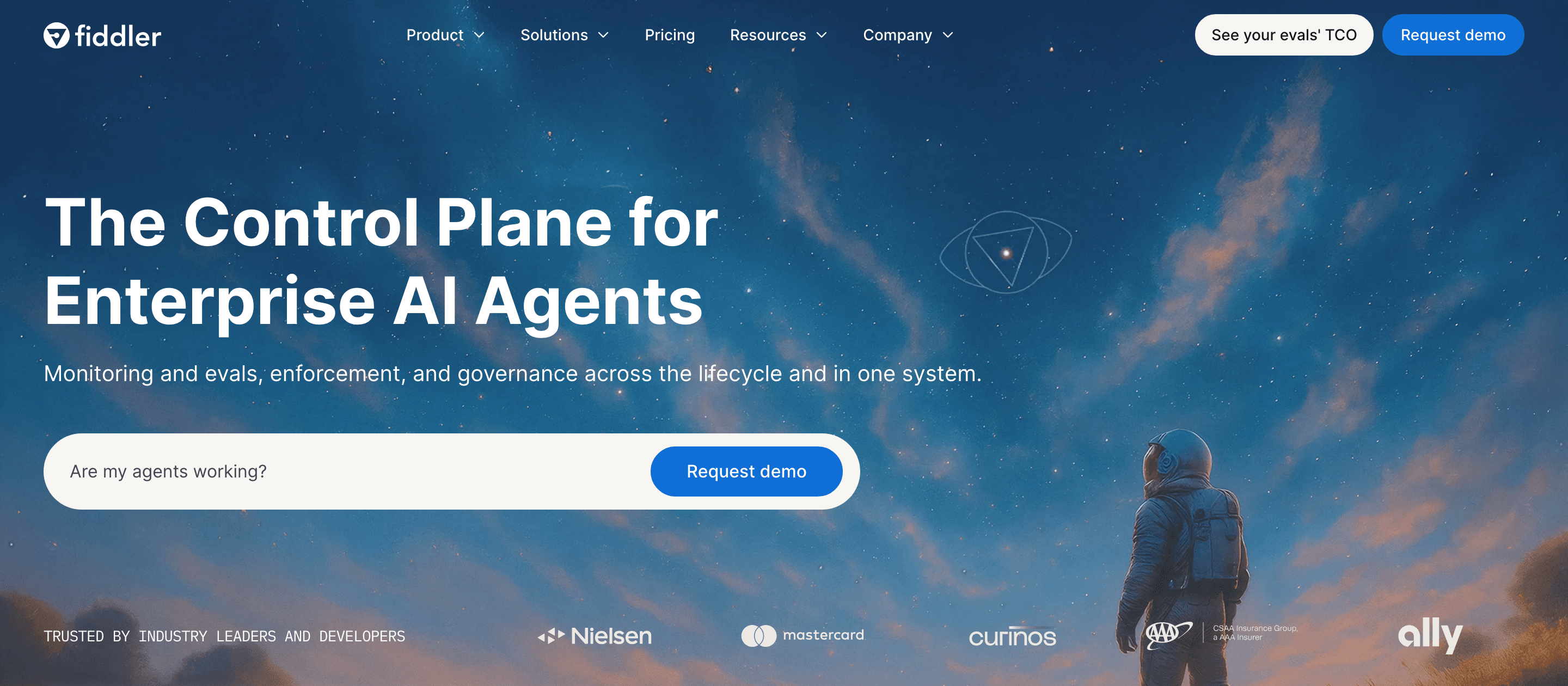 Fiddler.ai home page: “The Control Plane for Enterprise AI Agents”.