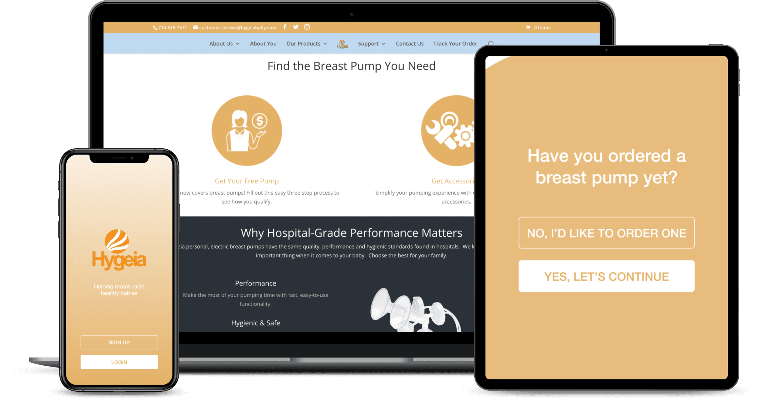 Hygeia app on phone and tablet, shown beside the Hygeia website.