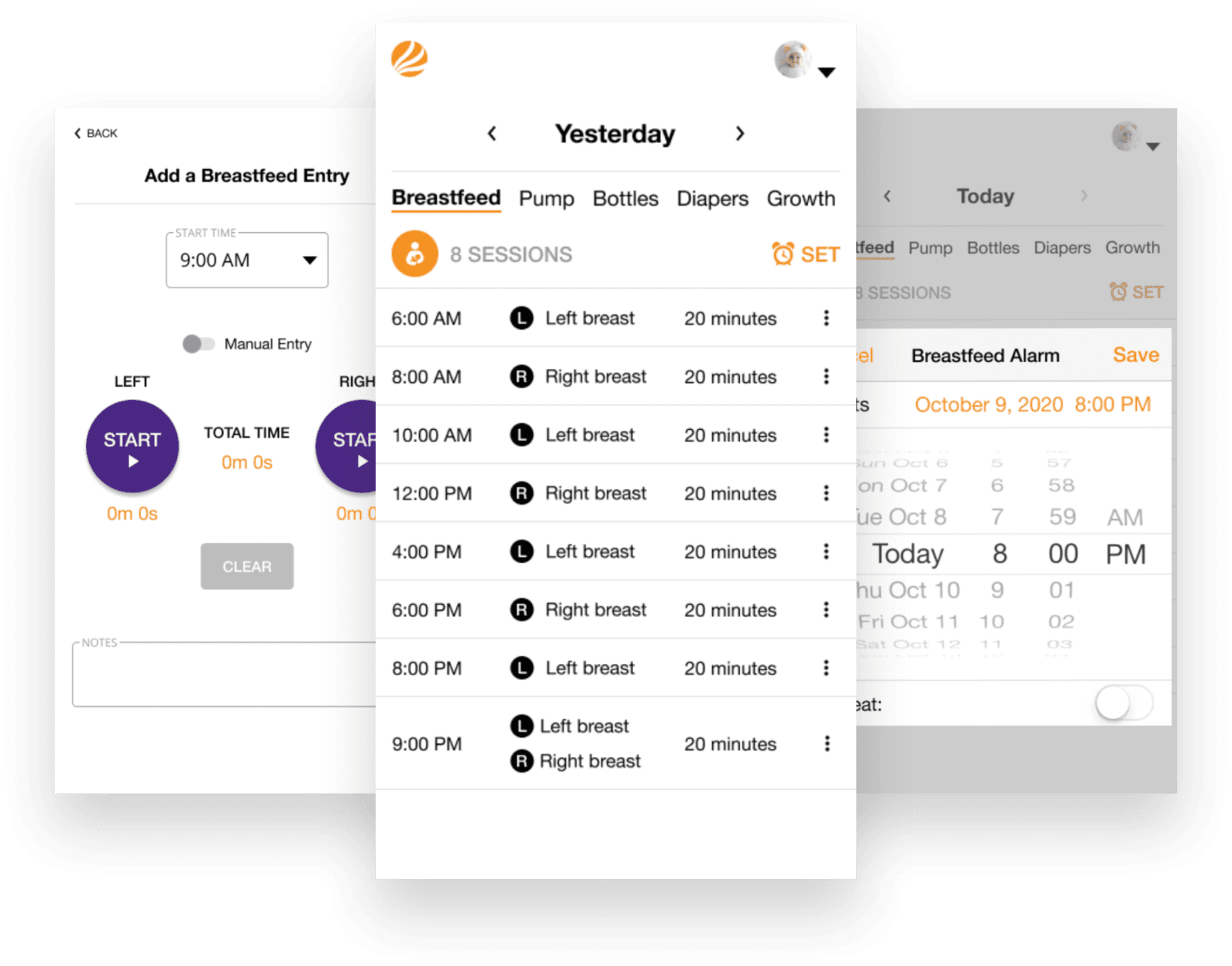 Three Hygeia screens: a breastfeeding timer, a list of the day’s sessions, and a reminder picker.