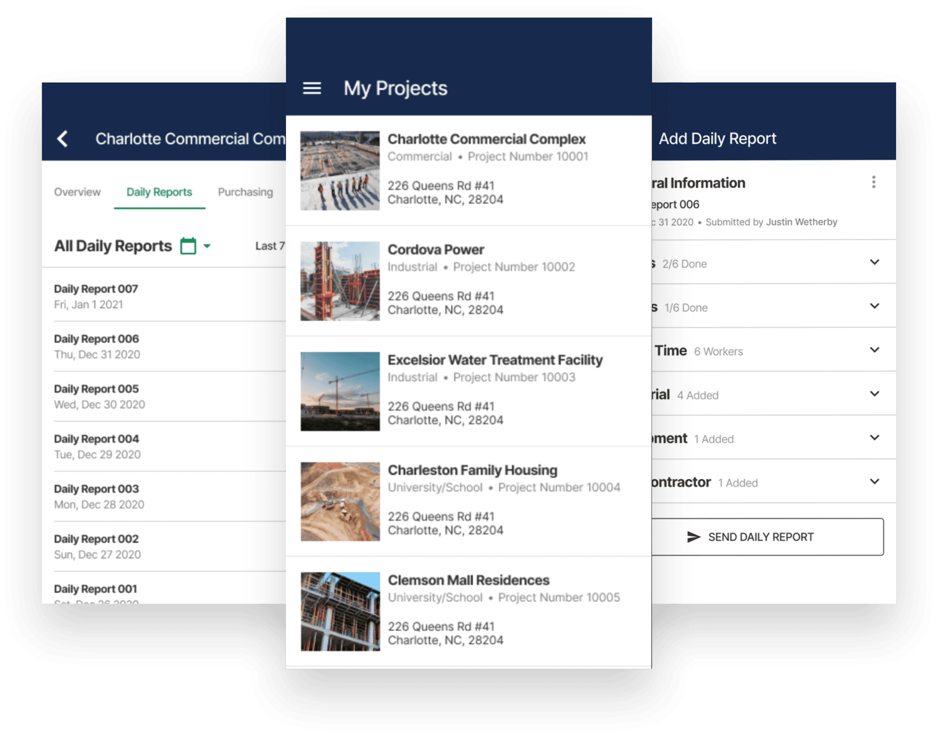 Three mobile screens: daily reports list, My Projects list, and an Add Daily Report form.