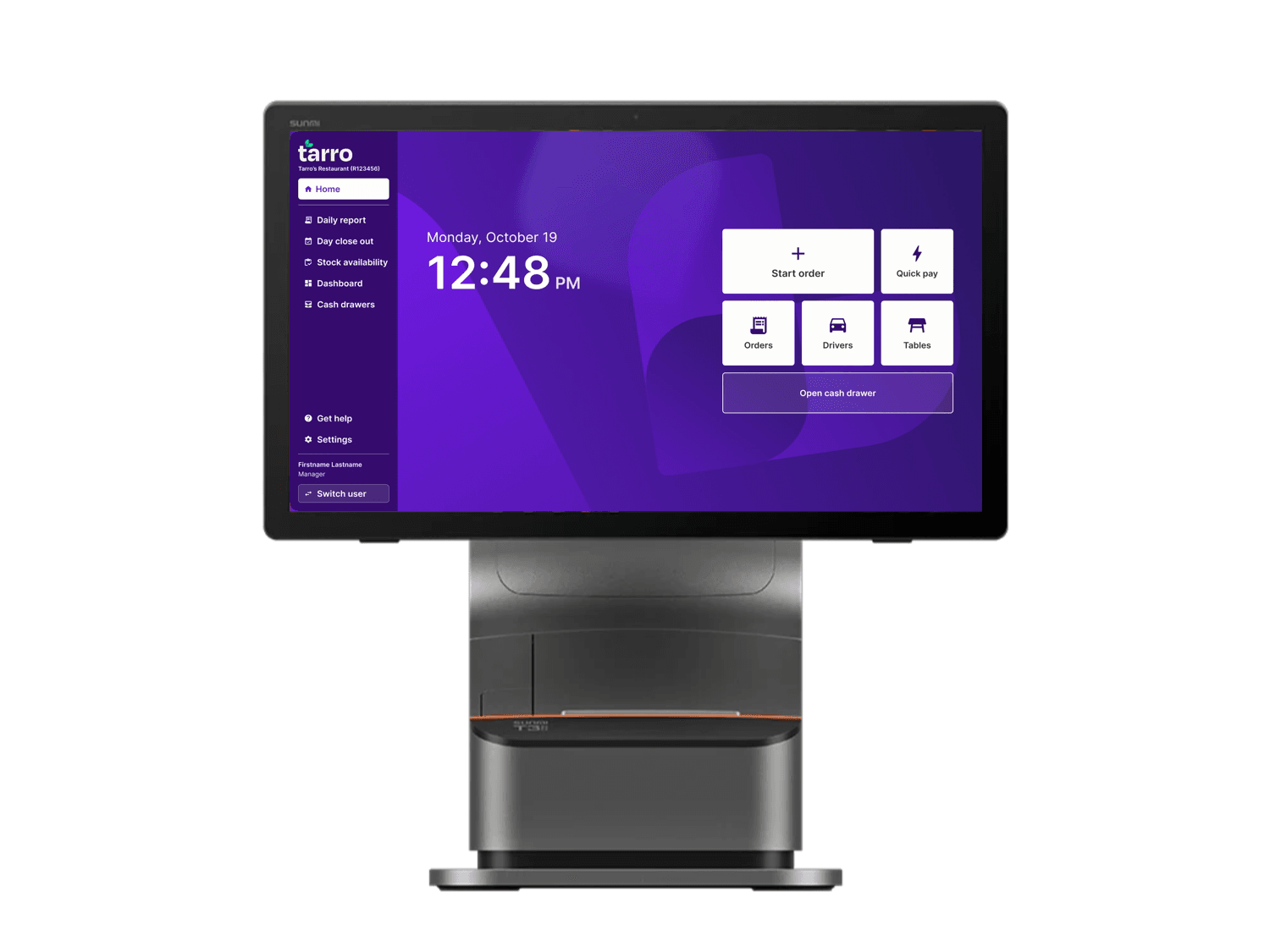 Tarro POS home screen running on a Sunmi countertop terminal: a sidebar with daily report, day close out, stock availability, dashboard, and cash drawers, beside the date, time, and large actions for Start order, Quick pay, Orders, Drivers, Tables, and Open cash drawer.
