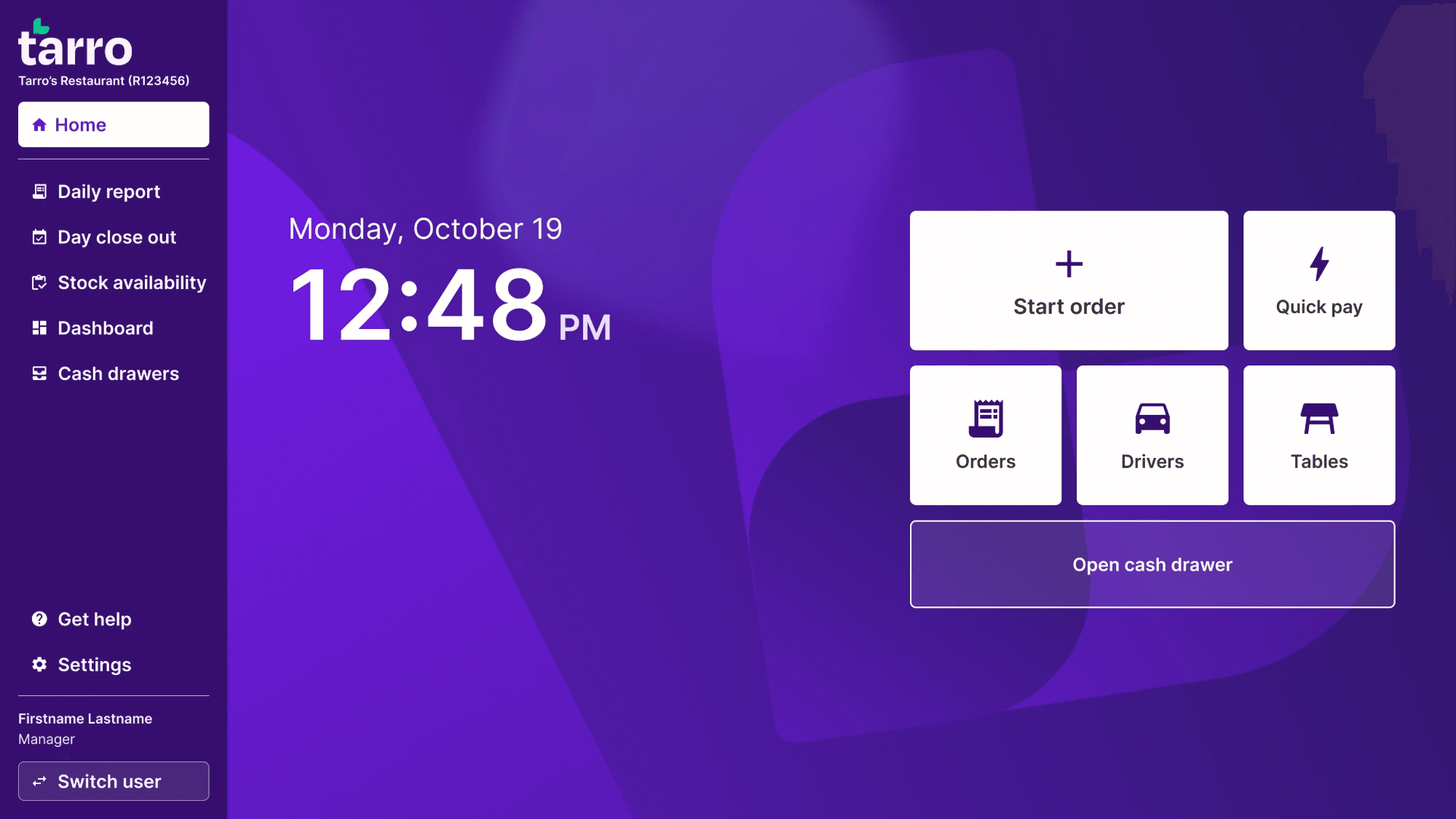 The Tarro POS home screen at full size: oversized tiles for the six actions staff reach for most.
