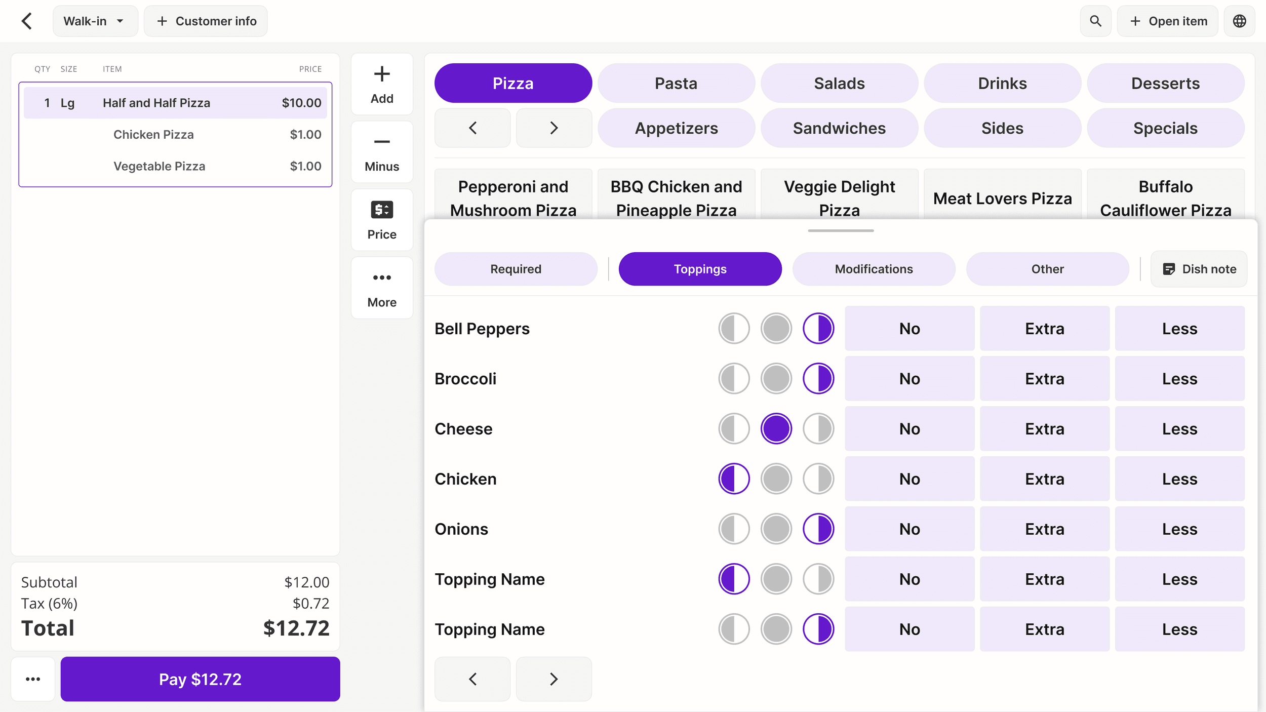 Pizza toppings panel with left, whole, and right placement controls plus No, Extra, and Less options.