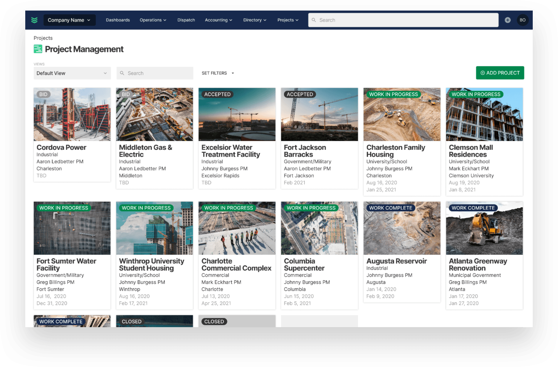 Grid of project cards with photos, status labels such as Bid and Work in progress, project managers, and dates.