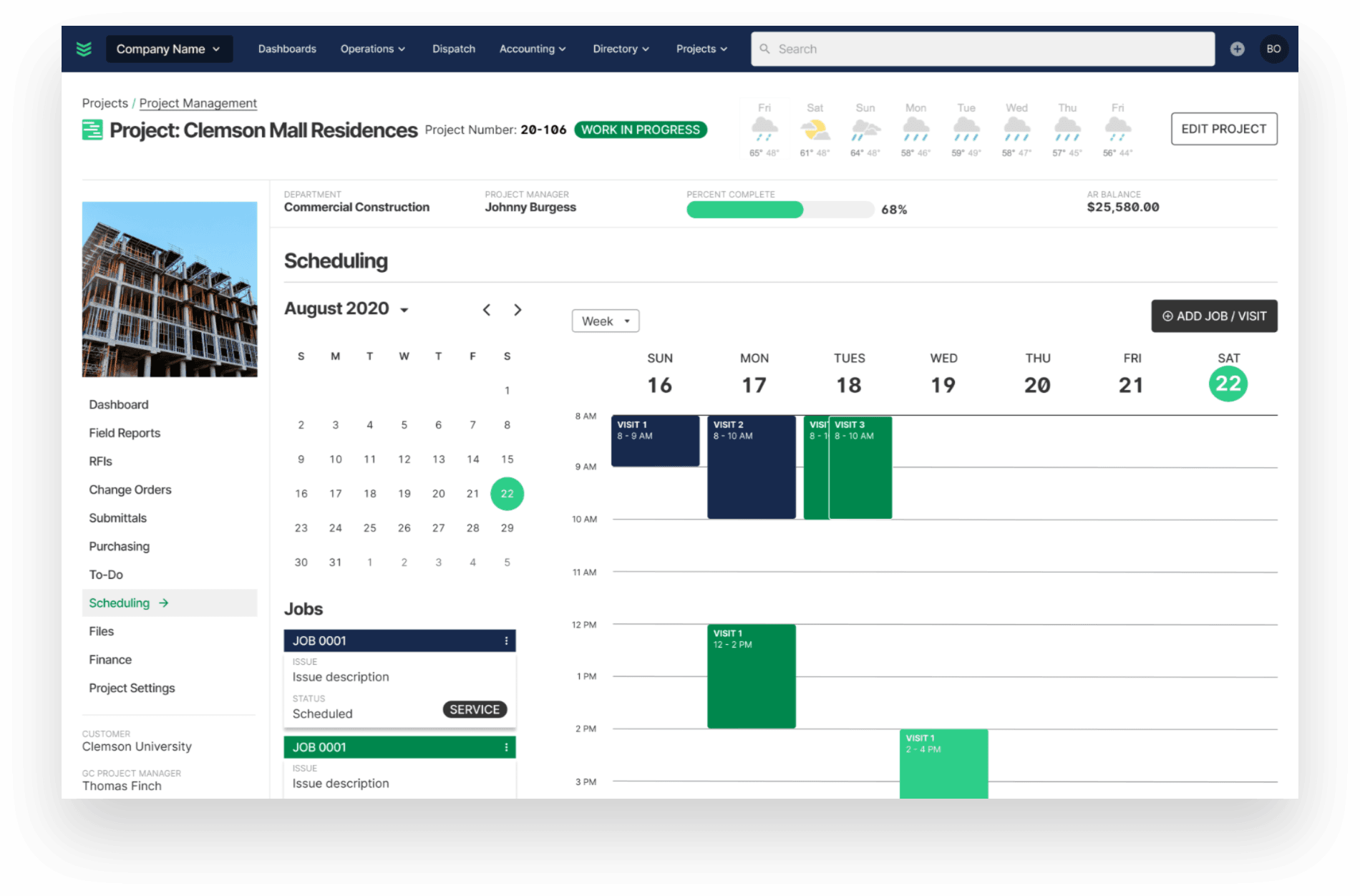 Project scheduling view with a month picker, job list, and weekly calendar of visits.