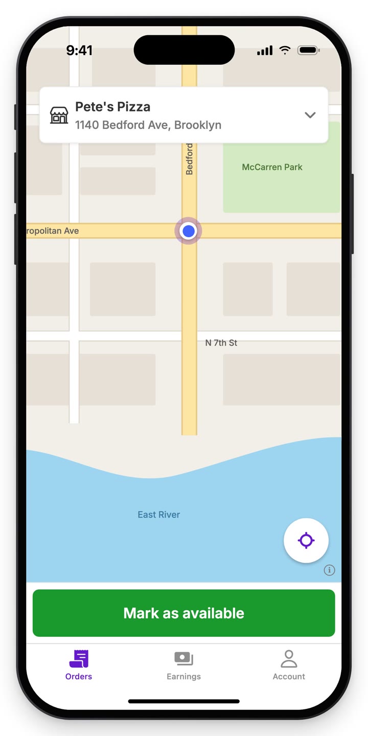 Screen recording of the Tarro Driver app: signing in, marking available on the map, the orders list, a pickup checklist, delivery details with navigation and signature options, adding a tip, and the earnings summary.